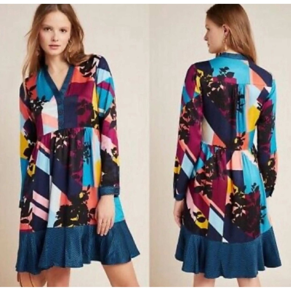 Maeve Anthropologie Geometric FloralPatchwork Women Mini Dress MultiColor S NWOT - Picture 2 of 9